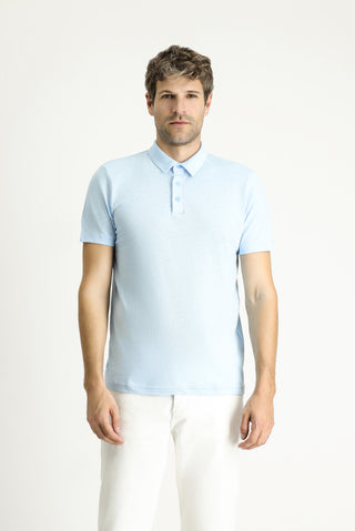  Açık Mavi Polo Yaka Slim Fit Dar Kesim Keten Karışımlı Tişört