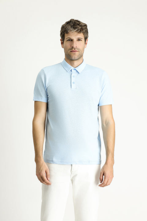 Açık Mavi Polo Yaka Slim Fit Dar Kesim Keten Karışımlı Tişört
