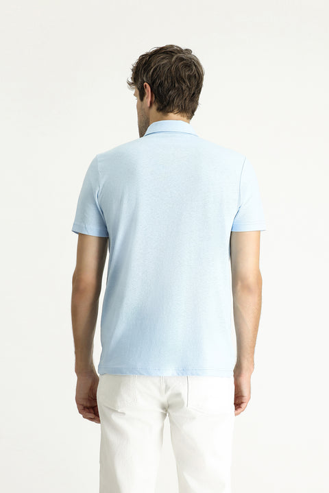 Açık Mavi Polo Yaka Slim Fit Dar Kesim Keten Karışımlı Tişört