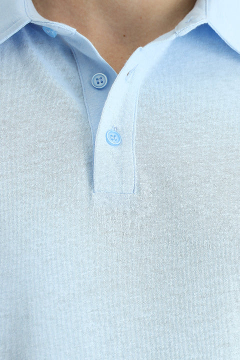 Açık Mavi Polo Yaka Slim Fit Dar Kesim Keten Karışımlı Tişört
