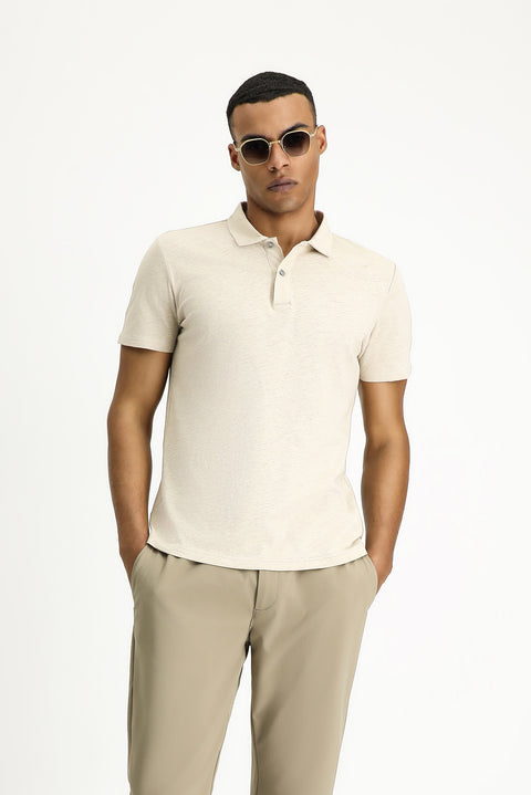Orta Bej Polo Yaka Slim Fit Dar Kesim Keten Karışımlı Tişört