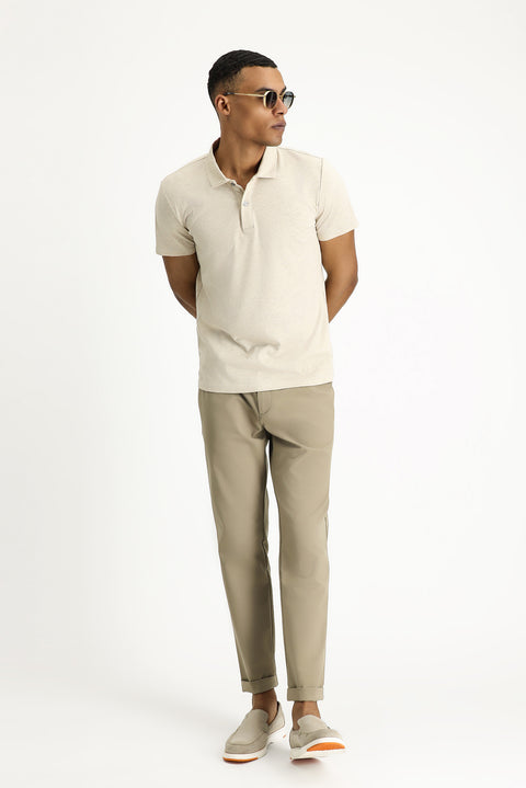Orta Bej Polo Yaka Slim Fit Dar Kesim Keten Karışımlı Tişört