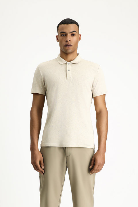 Orta Bej Polo Yaka Slim Fit Dar Kesim Keten Karışımlı Tişört