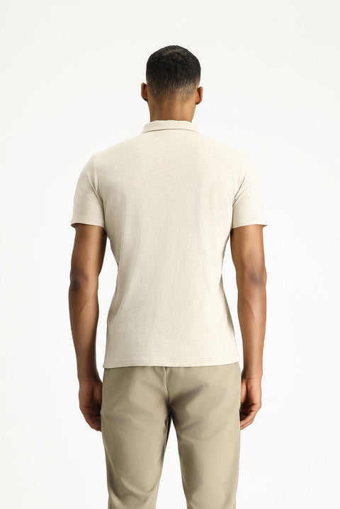 Orta Bej Polo Yaka Slim Fit Dar Kesim Keten Karışımlı Tişört