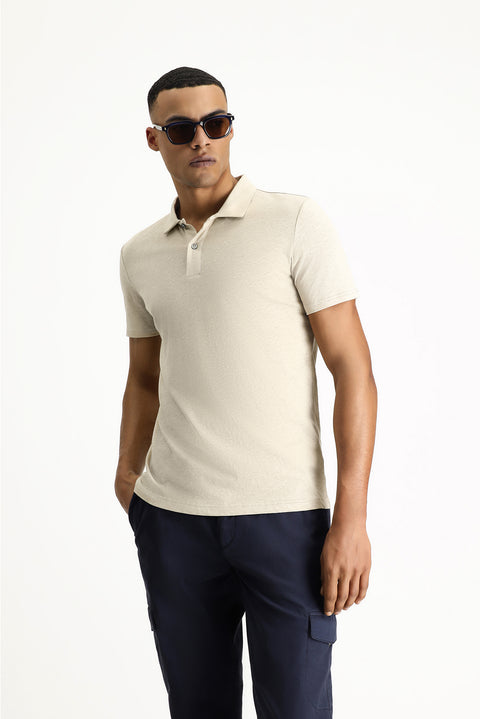 Orta Bej Polo Yaka Slim Fit Dar Kesim Keten Karışımlı Tişört