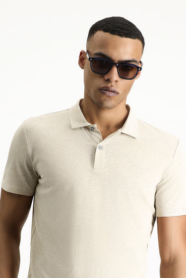 Orta Bej Polo Yaka Slim Fit Dar Kesim Keten Karışımlı Tişört