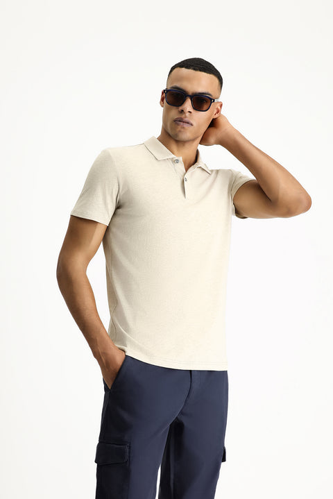 Orta Bej Polo Yaka Slim Fit Dar Kesim Keten Karışımlı Tişört