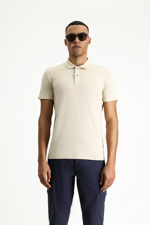 Orta Bej Polo Yaka Slim Fit Dar Kesim Keten Karışımlı Tişört