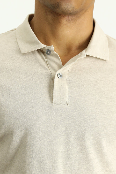 Orta Bej Polo Yaka Slim Fit Dar Kesim Keten Karışımlı Tişört