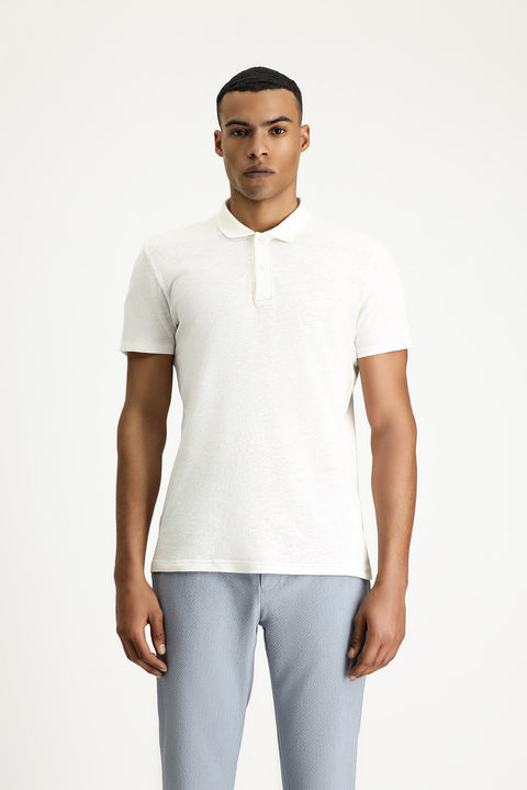 Beyaz Polo Yaka Slim Fit Dar Kesim Keten Karışımlı Tişört
