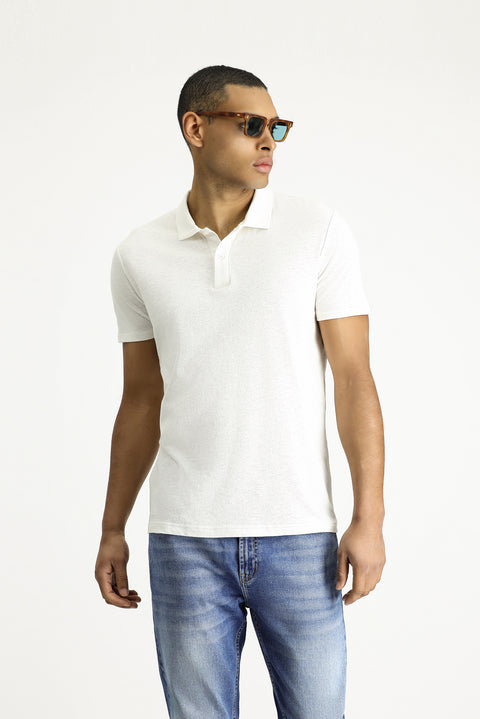 Beyaz Polo Yaka Slim Fit Dar Kesim Keten Karışımlı Tişört