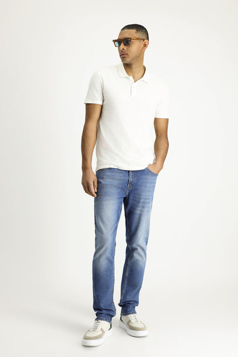 Beyaz Polo Yaka Slim Fit Dar Kesim Keten Karışımlı Tişört