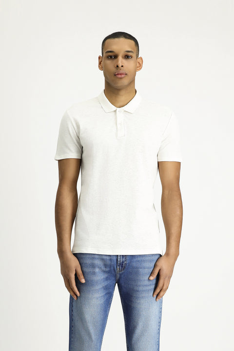 Beyaz Polo Yaka Slim Fit Dar Kesim Keten Karışımlı Tişört