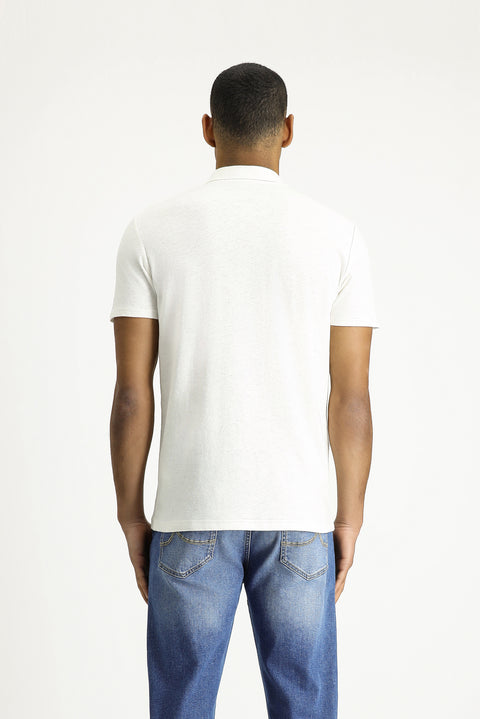 Beyaz Polo Yaka Slim Fit Dar Kesim Keten Karışımlı Tişört