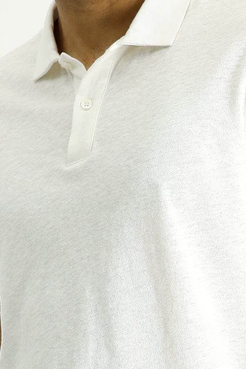 Beyaz Polo Yaka Slim Fit Dar Kesim Keten Karışımlı Tişört