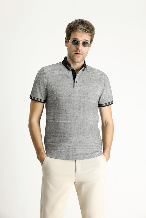 Siyah Polo Yaka Slim Fit Dar Kesim Desenli Tişört