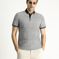 Siyah Polo Yaka Slim Fit Dar Kesim Desenli Tişört