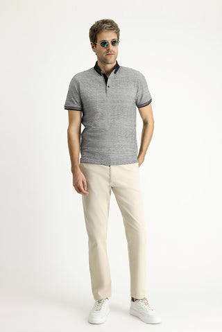  Siyah Polo Yaka Slim Fit Dar Kesim Desenli Tişört