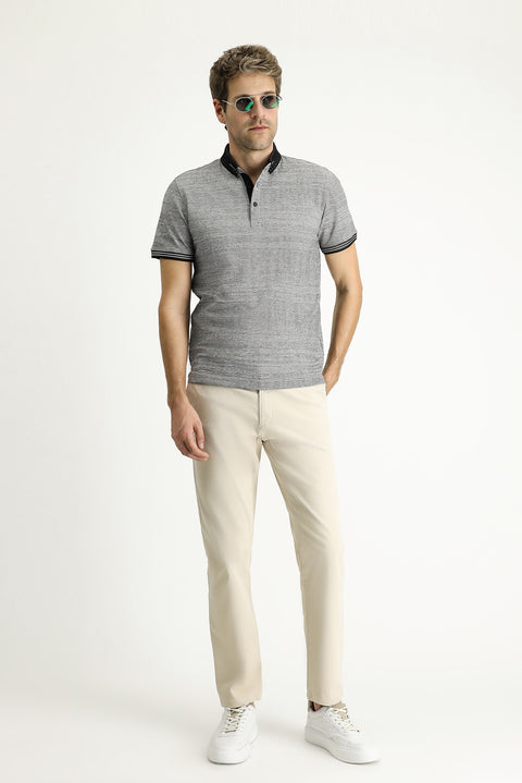 Siyah Polo Yaka Slim Fit Dar Kesim Desenli Tişört