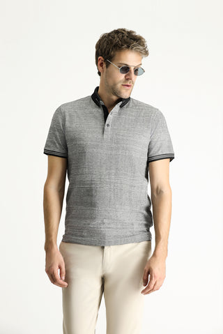  Siyah Polo Yaka Slim Fit Dar Kesim Desenli Tişört