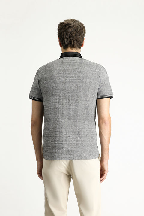 Siyah Polo Yaka Slim Fit Dar Kesim Desenli Tişört