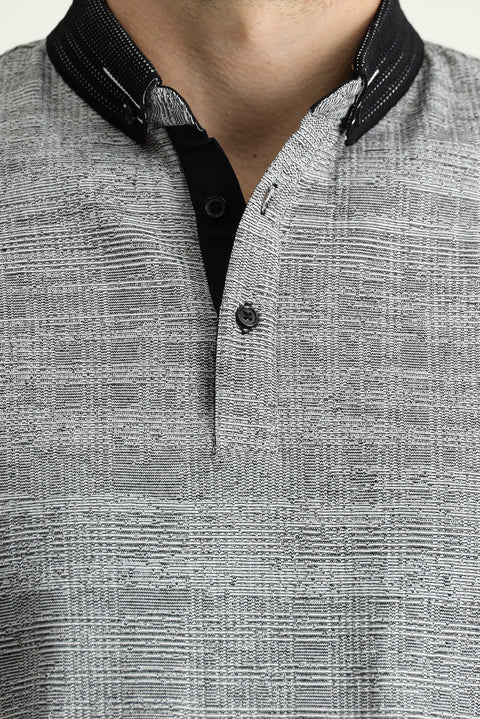 Siyah Polo Yaka Slim Fit Dar Kesim Desenli Tişört