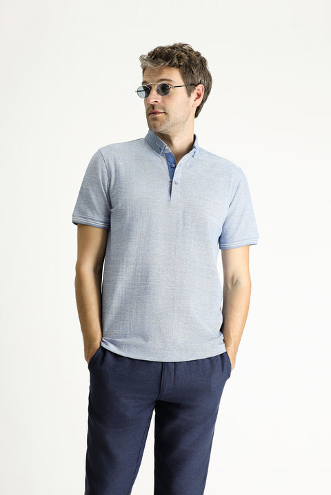 Açık Lacivert Polo Yaka Slim Fit Dar Kesim Desenli Tişört