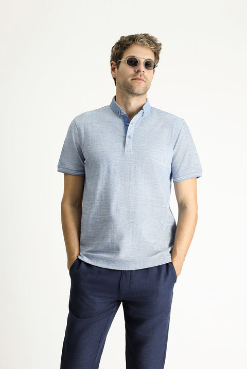 Açık Lacivert Polo Yaka Slim Fit Dar Kesim Desenli Tişört