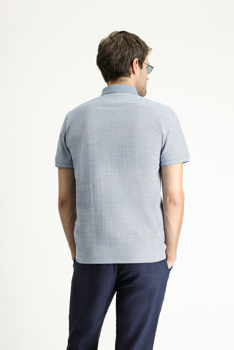 Açık Lacivert Polo Yaka Slim Fit Dar Kesim Desenli Tişört