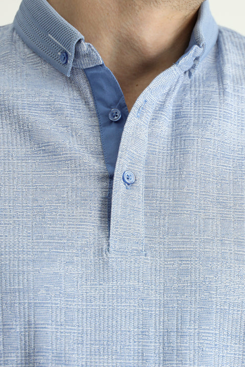 Açık Lacivert Polo Yaka Slim Fit Dar Kesim Desenli Tişört