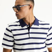 Koyu Lacivert Polo Yaka Slim Fit Dar Kesim Desenli Pamuk Tişört