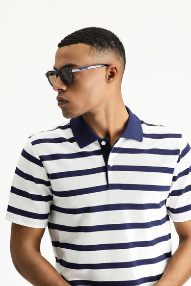 Koyu Lacivert Polo Yaka Slim Fit Dar Kesim Desenli Pamuk Tişört