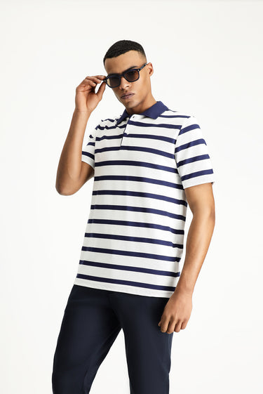 Koyu Lacivert Polo Yaka Slim Fit Dar Kesim Desenli Pamuk Tişört