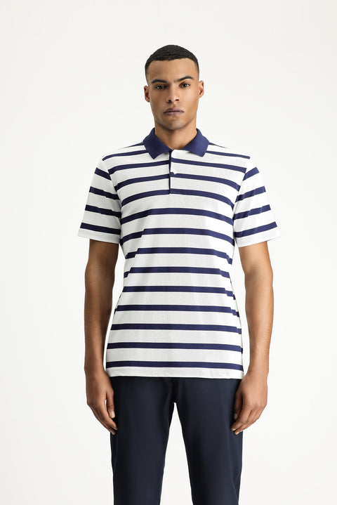 Koyu Lacivert Polo Yaka Slim Fit Dar Kesim Desenli Pamuk Tişört