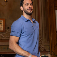 Aviator Blue Polo Collar Slim Fit Narrow Cut Patterned Embroidered Cotton T-Shirt