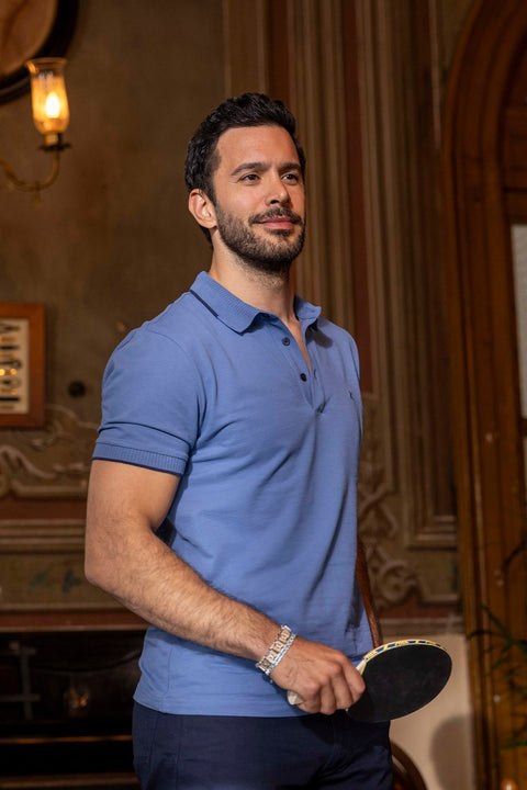 Aviator Blue Polo Collar Slim Fit Narrow Cut Patterned Embroidered Cotton T-Shirt