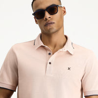 Toz Pembe Polo Yaka Slim Fit Dar Kesim Desenli Nakışlı Pamuk Tişört