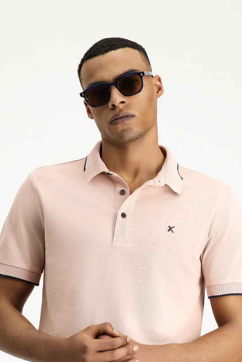 Toz Pembe Polo Yaka Slim Fit Dar Kesim Desenli Nakışlı Pamuk Tişört