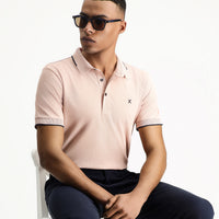 Toz Pembe Polo Yaka Slim Fit Dar Kesim Desenli Nakışlı Pamuk Tişört
