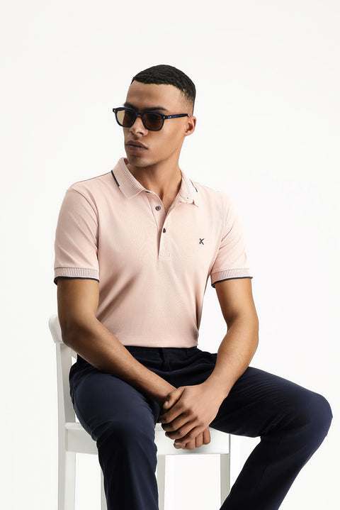 Toz Pembe Polo Yaka Slim Fit Dar Kesim Desenli Nakışlı Pamuk Tişört