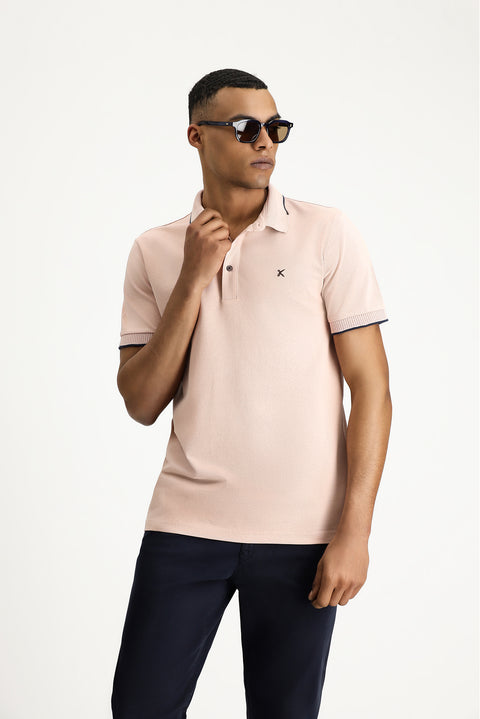 Toz Pembe Polo Yaka Slim Fit Dar Kesim Desenli Nakışlı Pamuk Tişört