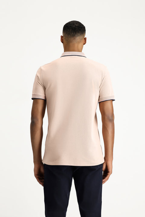 Toz Pembe Polo Yaka Slim Fit Dar Kesim Desenli Nakışlı Pamuk Tişört