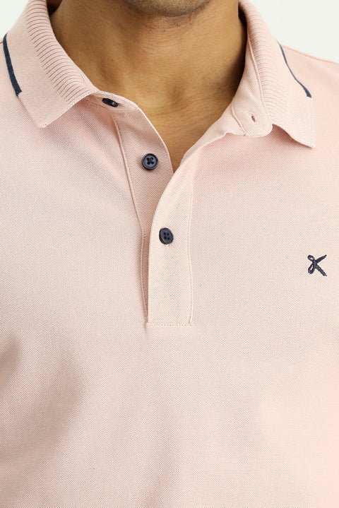 Toz Pembe Polo Yaka Slim Fit Dar Kesim Desenli Nakışlı Pamuk Tişört