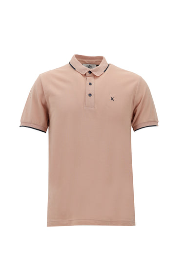 Toz Pembe Polo Yaka Slim Fit Dar Kesim Desenli Nakışlı Pamuk Tişört