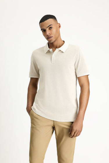 Orta Bej Slim Fit Dar Kesim Nakışlı Pamuk Polo Yaka Tişört