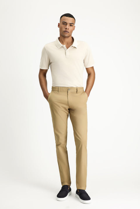 Orta Bej Slim Fit Dar Kesim Nakışlı Pamuk Polo Yaka Tişört