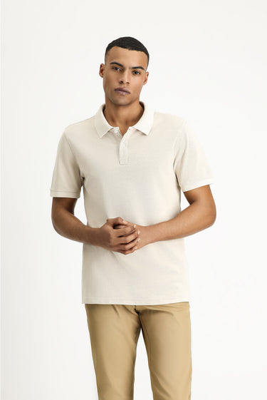 Orta Bej Slim Fit Dar Kesim Nakışlı Pamuk Polo Yaka Tişört