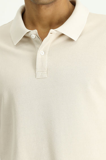 Orta Bej Slim Fit Dar Kesim Nakışlı Pamuk Polo Yaka Tişört