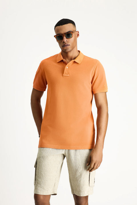 Light Orange Slim Fit Embroidered Cotton Polo Shirt