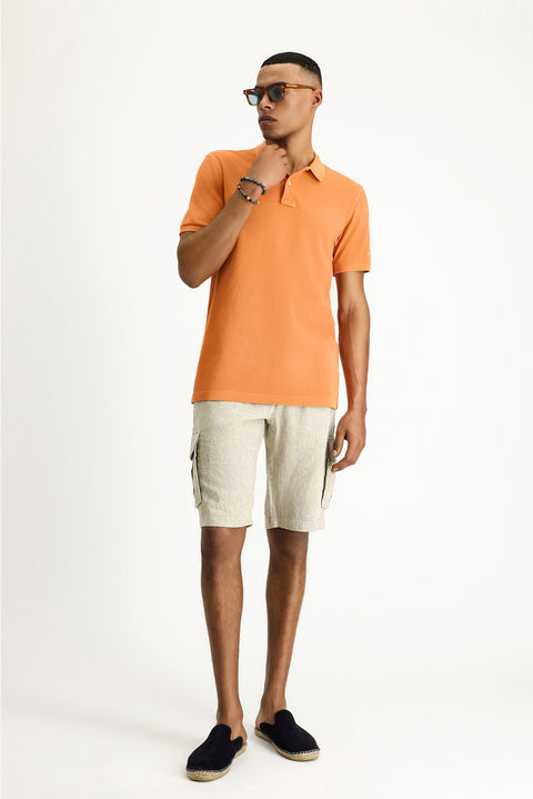 Light Orange Slim Fit Embroidered Cotton Polo Shirt